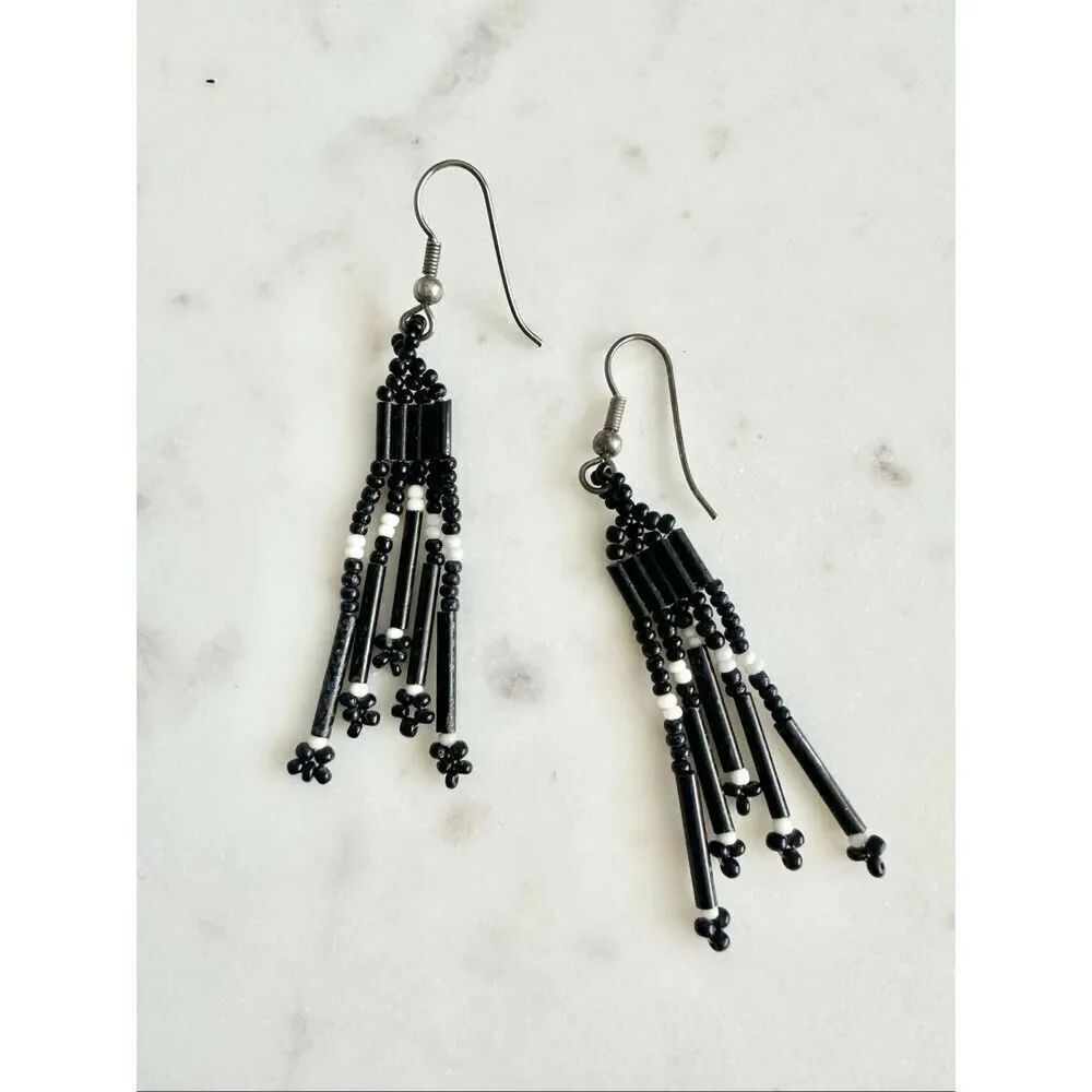 Black and white beaded dangle earrings